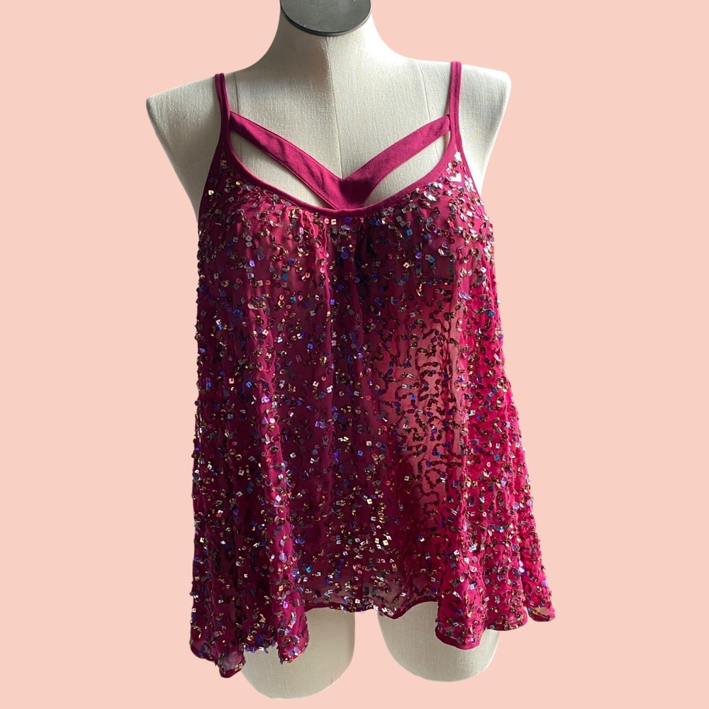 Rudi Sequin Camisole Tank Top Womens XL Fushia Pink Sparkly Party Strappy Sheer